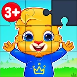 Engaging image of Puzzle Kids app, featuring colorful puzzles for kids, including shape matching and jigsaw puzzles with rewards.