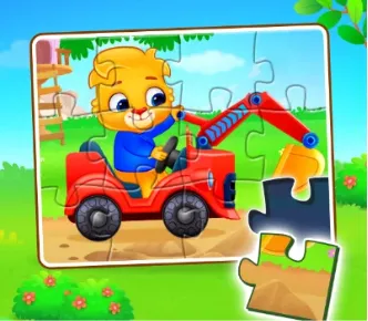 Engaging image of Puzzle Kids app, featuring colorful puzzles for kids, including shape matching and jigsaw puzzles with rewards.