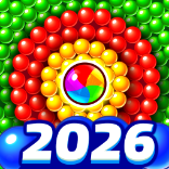 Colorful bubble shooter game featuring vibrant rainbow balls and floating bubbles in an engaging gameplay setting.