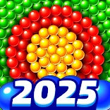 Colorful bubble shooter game featuring vibrant rainbow balls and floating bubbles in an engaging gameplay setting.
