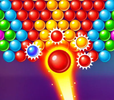Colorful bubble shooter game featuring vibrant rainbow balls and floating bubbles in an engaging gameplay setting.