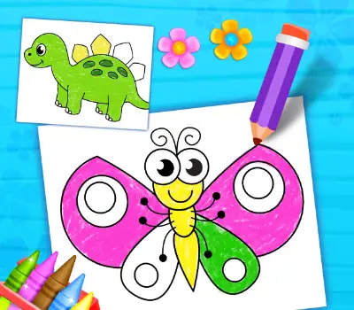 Free drawing app for kids with various modes like tracing, auto draw, coloring pages, and activities to learn colors, shapes, and skills