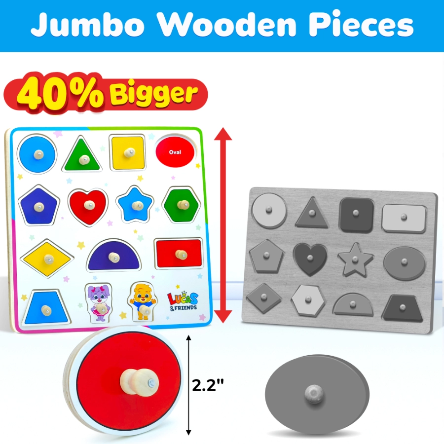 Jumbo wooden pieces puzzle, featuring circles, triangles, squares, pentagons, hearts, stars, ovals and trapezoids