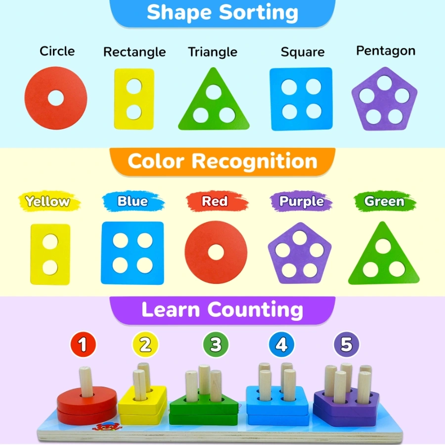 Sorting and stacking learning wooden toy with big knobs, round edge and smooth surfaces