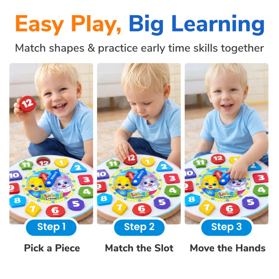lucas friends clock puzzle easy play steps match shapes time learning toy toddlers