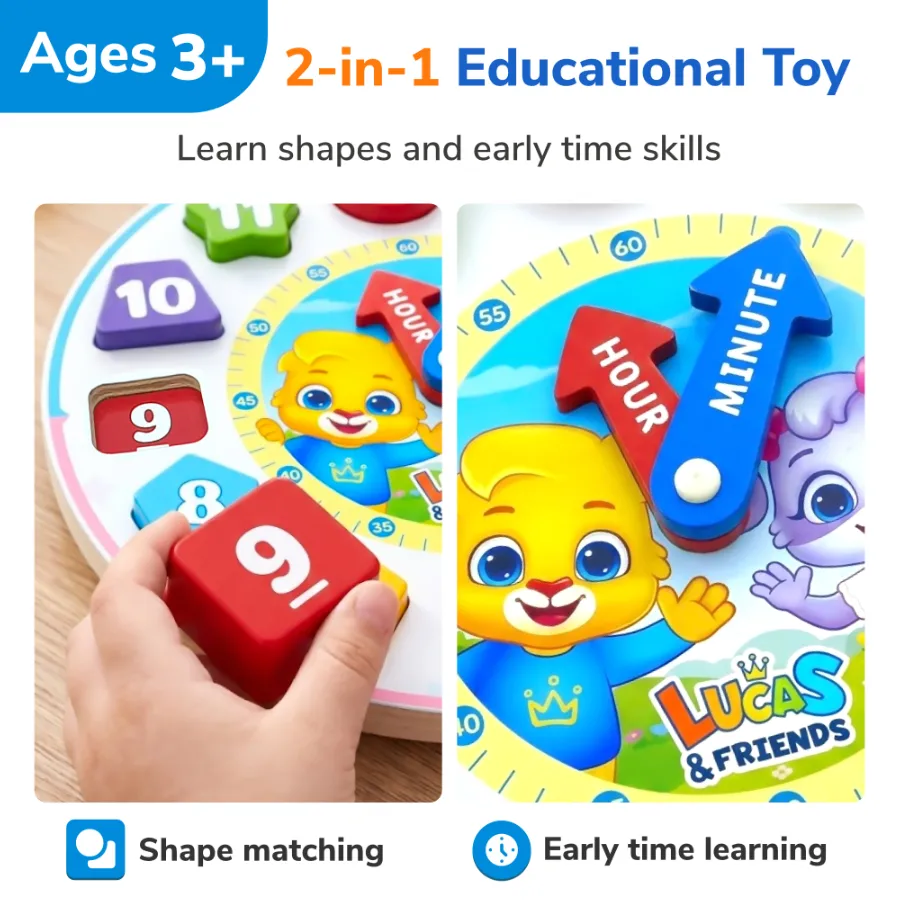 lucas friends clock puzzle 2 in 1 educational toy shape sorting time learning kids