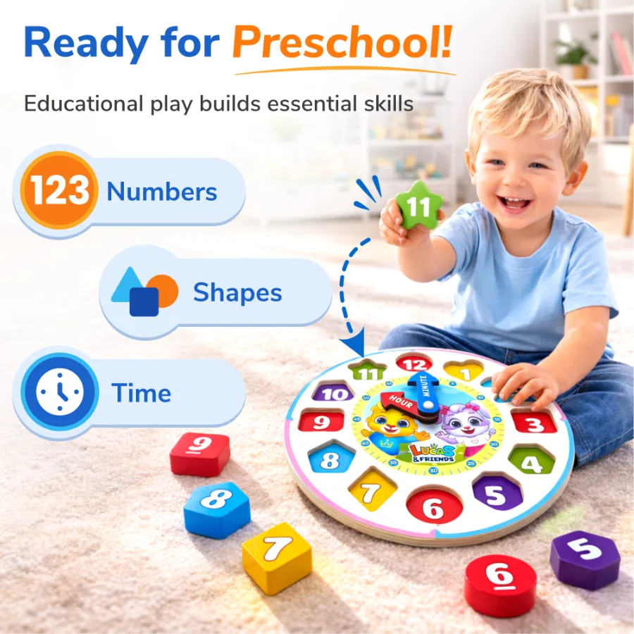 lucas friends preschool learning clock puzzle numbers shapes time educational toy